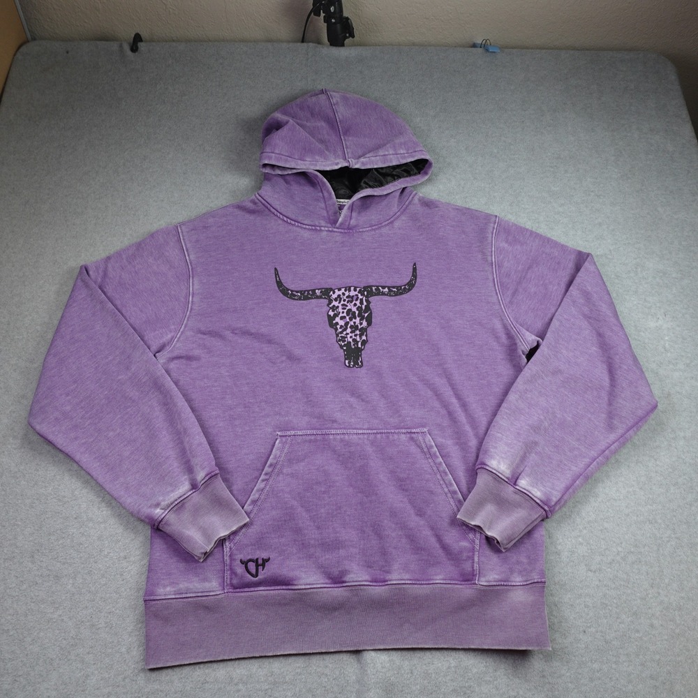Cowgirl Hardware Hoodie Womens Large Purple Western Longhorn Skull Pullover